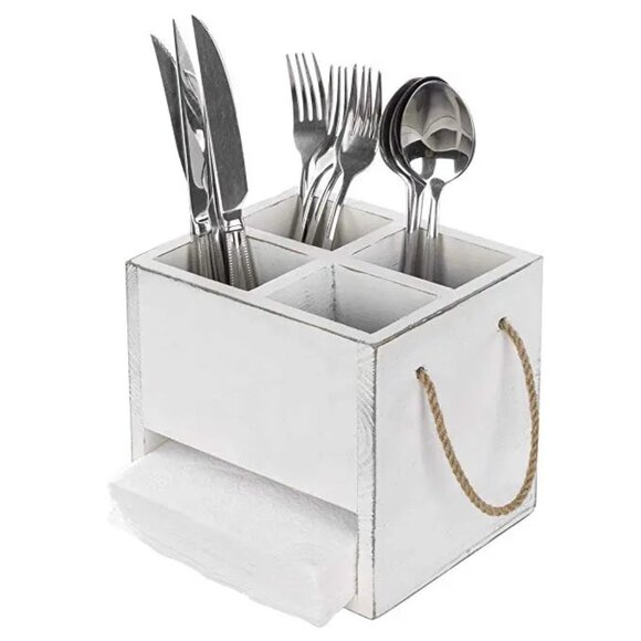 Silverware Caddy With Handle, Wooden Utensil Napkin Holder Utensil Organizer - Picture 3 of 6